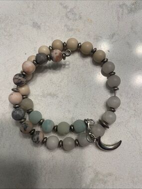 Beaded Double-Wrap Bracelet with Crescent Charm - Neutral Multi